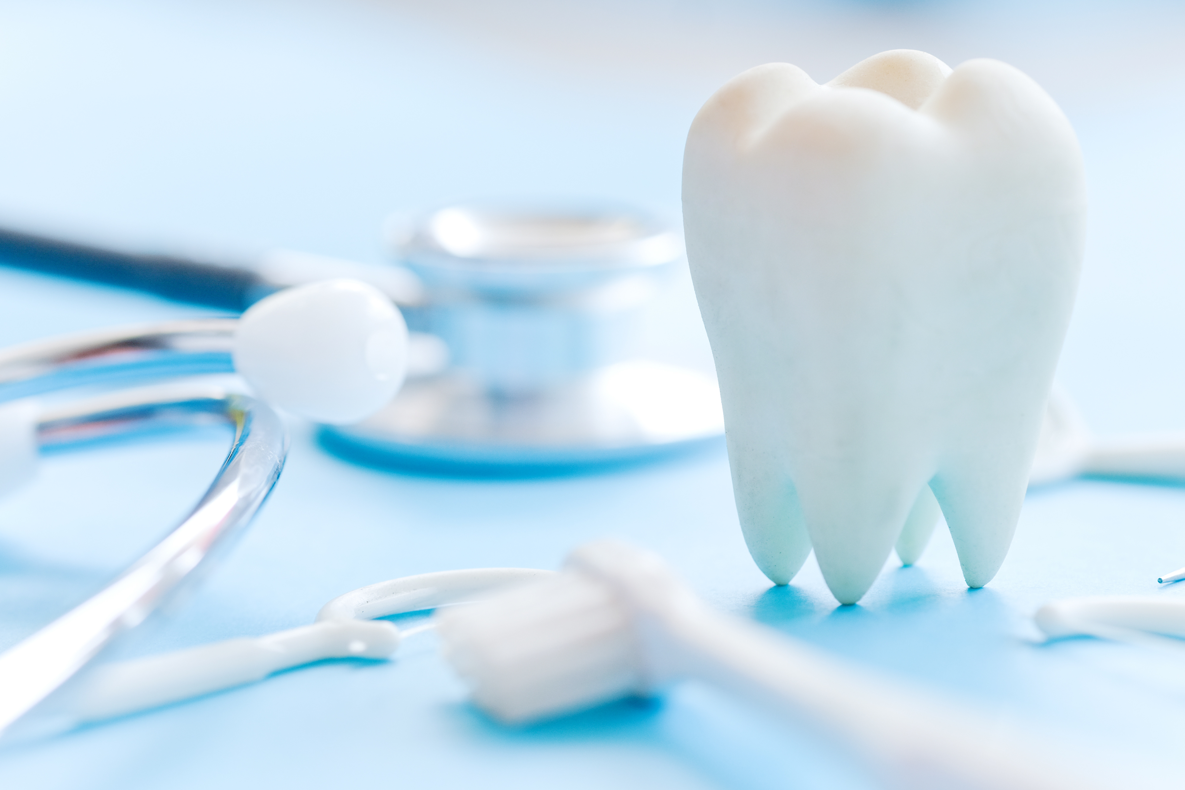 Dental model and dental equipment on blue background, concept image of